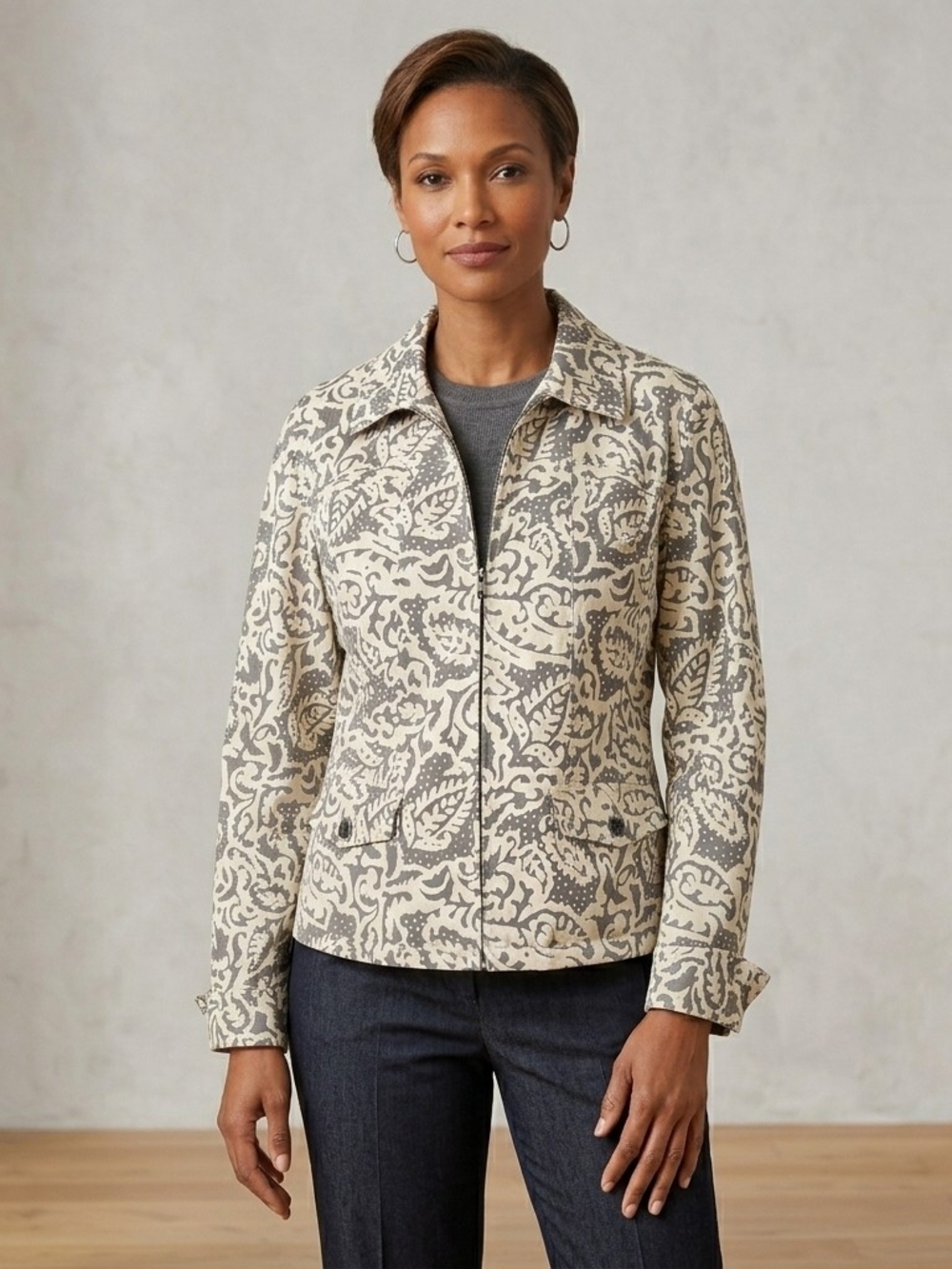 cleo Cream and Green Printed Zip Jacket Size L